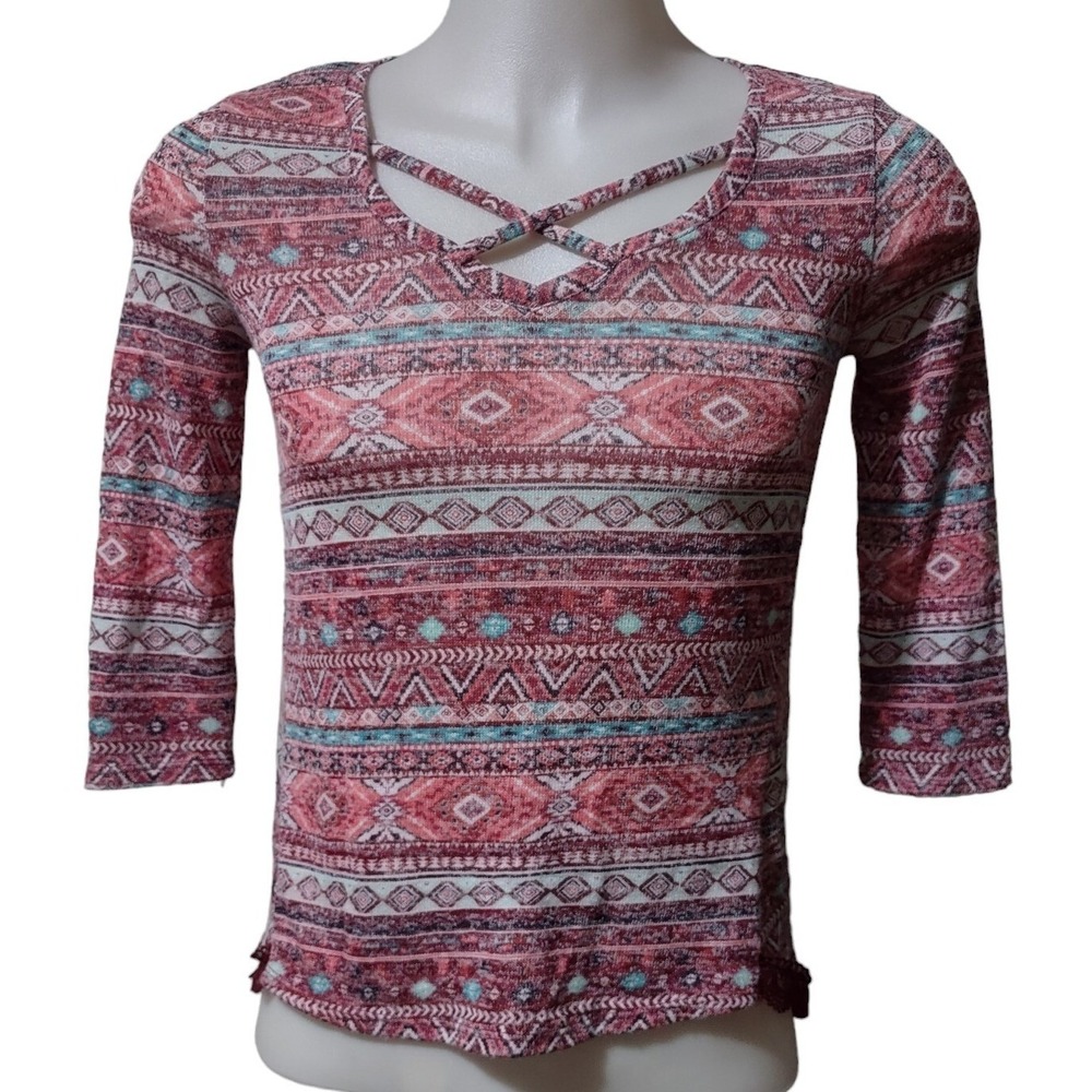 Top Almost Famous Burgundy Tribal Print Small Womens Boho Cottage Core Retro Y2k